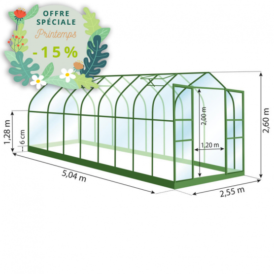 Serre de jardin en verre trempé ALOÉ 12,90 m² - Aluminium laqué vert